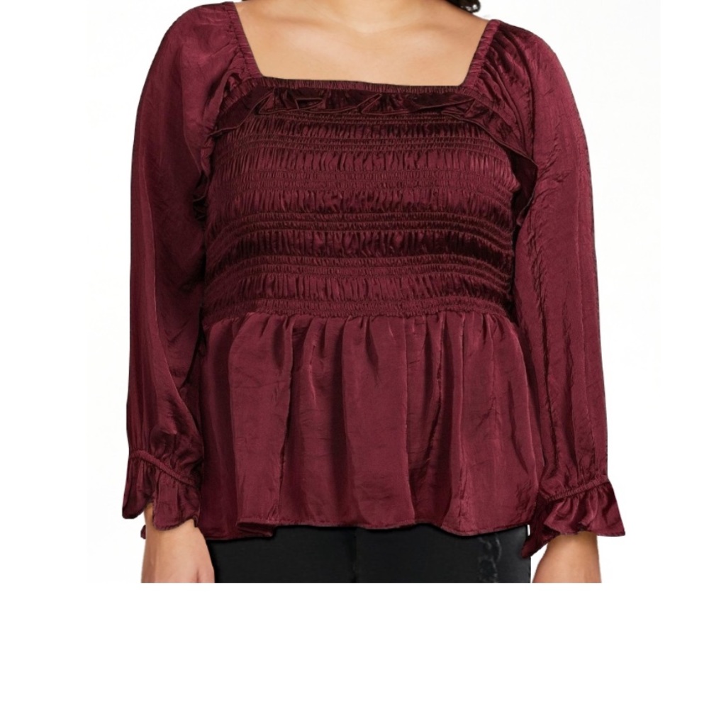 Burgundy satin ruffled shirred babydoll top - Picture 1 of 2
